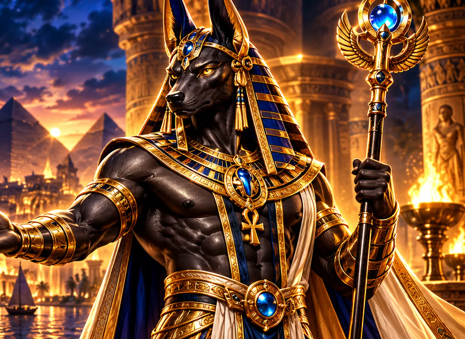 Jackal-headed Anubis standing guard with a jewelled staff before torch-lit temple columns