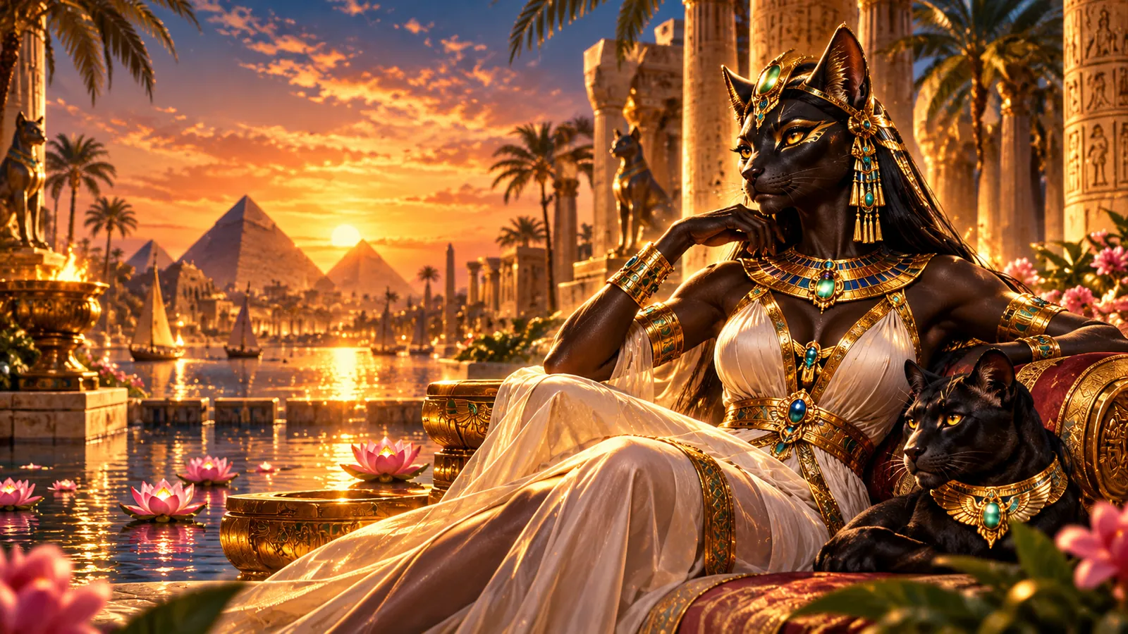 Cat goddess Bastet reclining on silk cushions by a lotus pool, with pyramids glowing at dusk