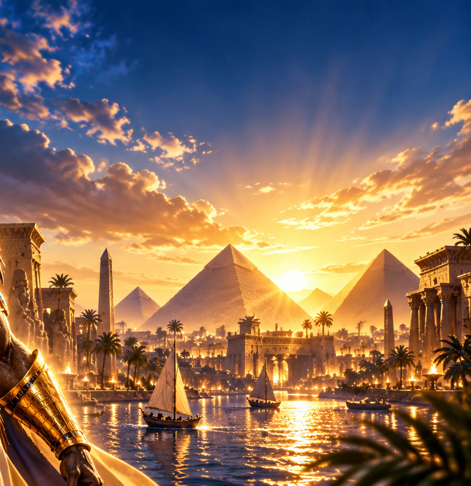 Calm Nile at sunset with sailing boats drifting past the pyramids and an obelisk