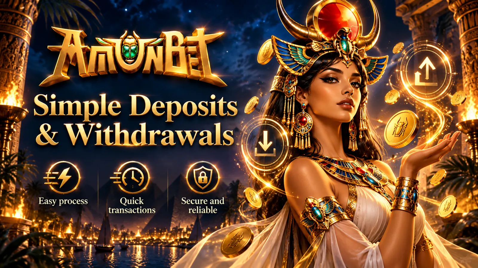 Goddess with gold coins and up and down arrows, captioned Simple Deposits and Withdrawals
