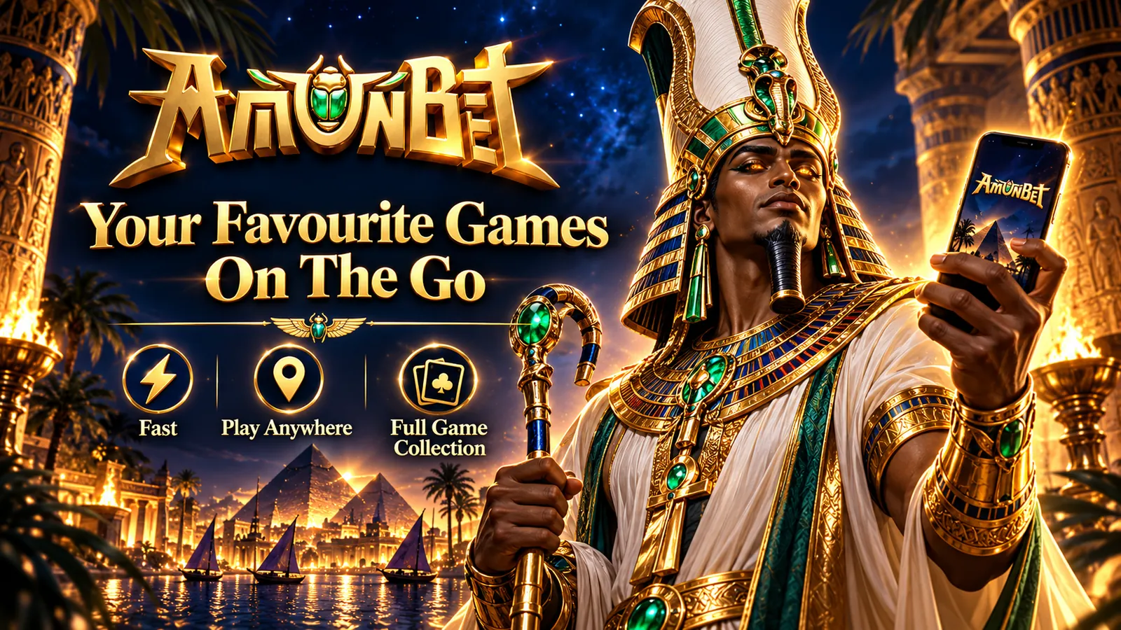 Amunbet artwork of a pharaoh with a smartphone, with icons for fast play, play anywhere and full game collection