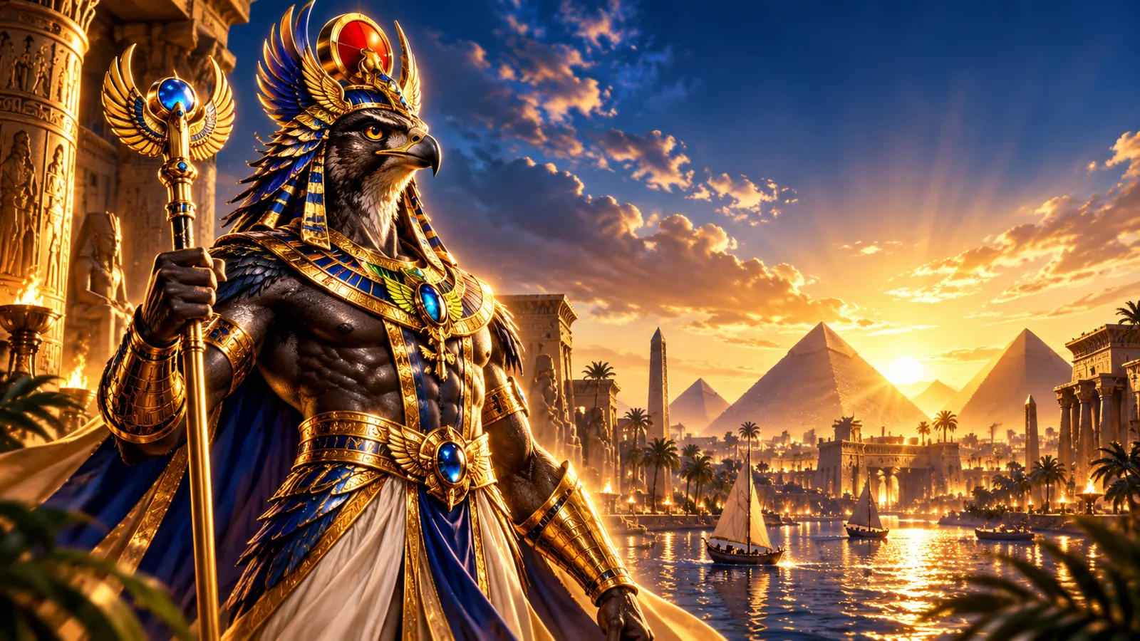 Horus statue-like figure in blue and gold robes overlooking a glowing Egyptian city on the river, en-GB edition