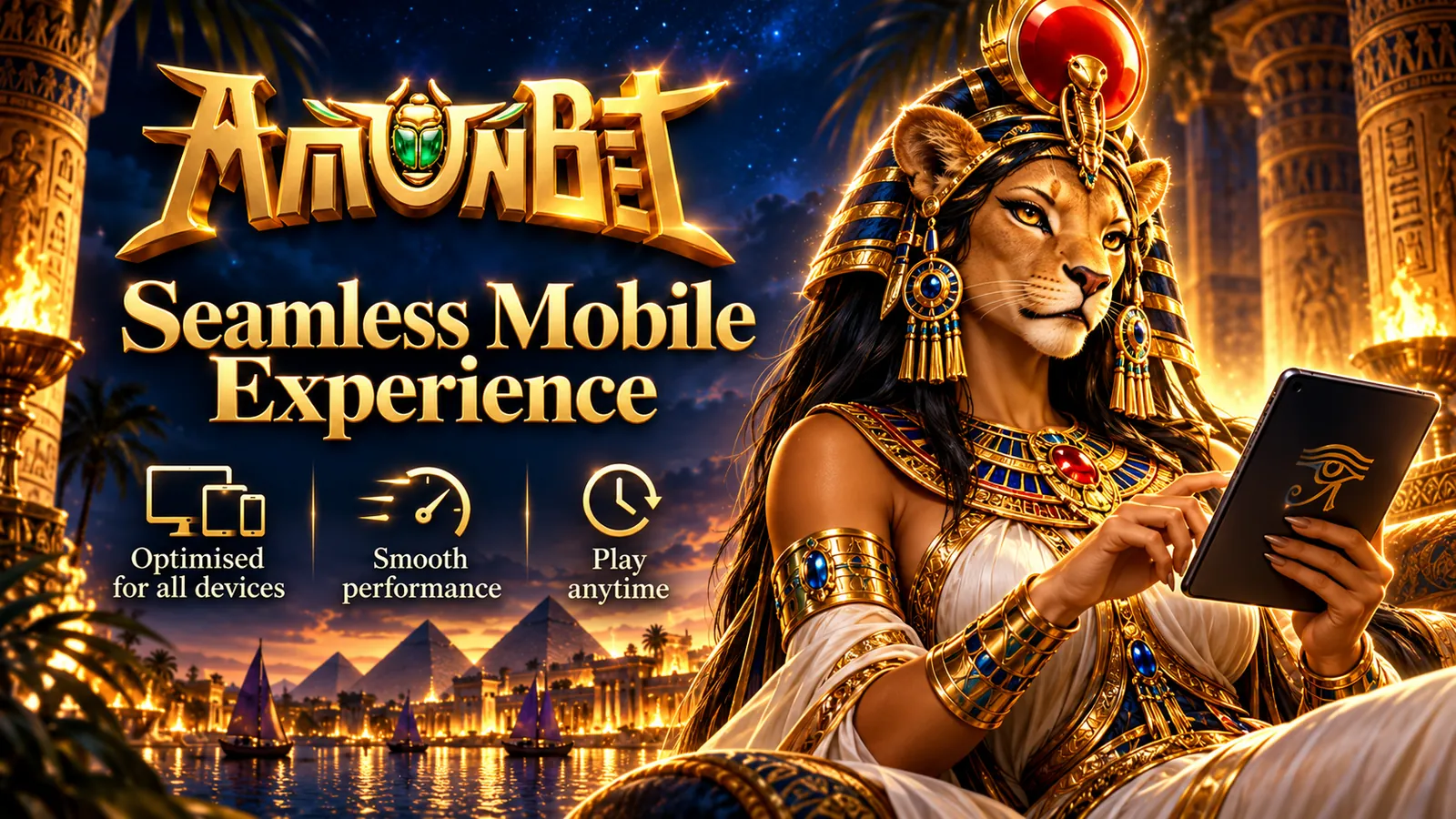 Lion-headed Sekhmet using a tablet, captioned Seamless Mobile Experience with icons for all devices