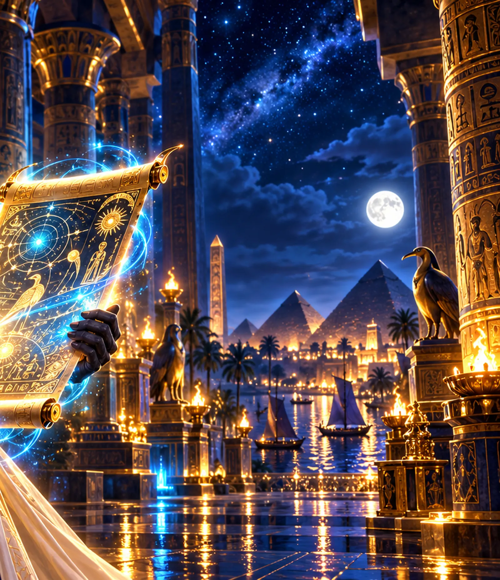 Moonlit temple hall with an ibis statue, lanterns and pyramids under a starry sky