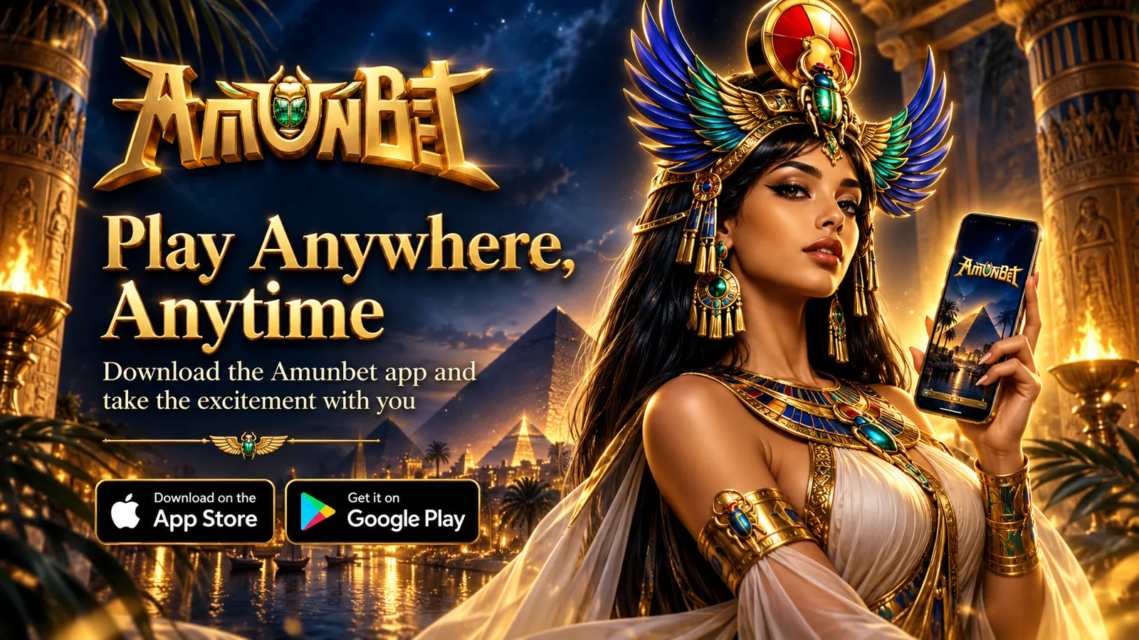 Egyptian queen holding a phone with the Amunbet lobby, captioned Play Anywhere, Anytime with App Store and Google Play badges