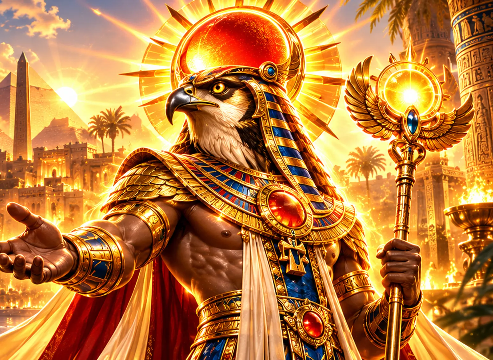Falcon god crowned with a blazing sun disc holding out his hand in welcome beside a golden sceptre