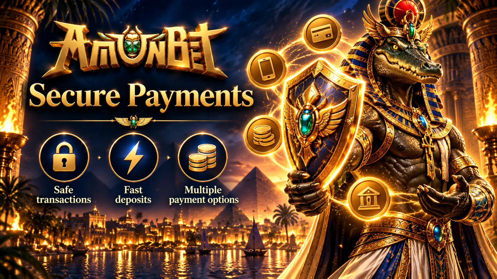 Sobek, the crocodile god, holding a gold shield beside card, coin and bank icons, captioned Secure Payments