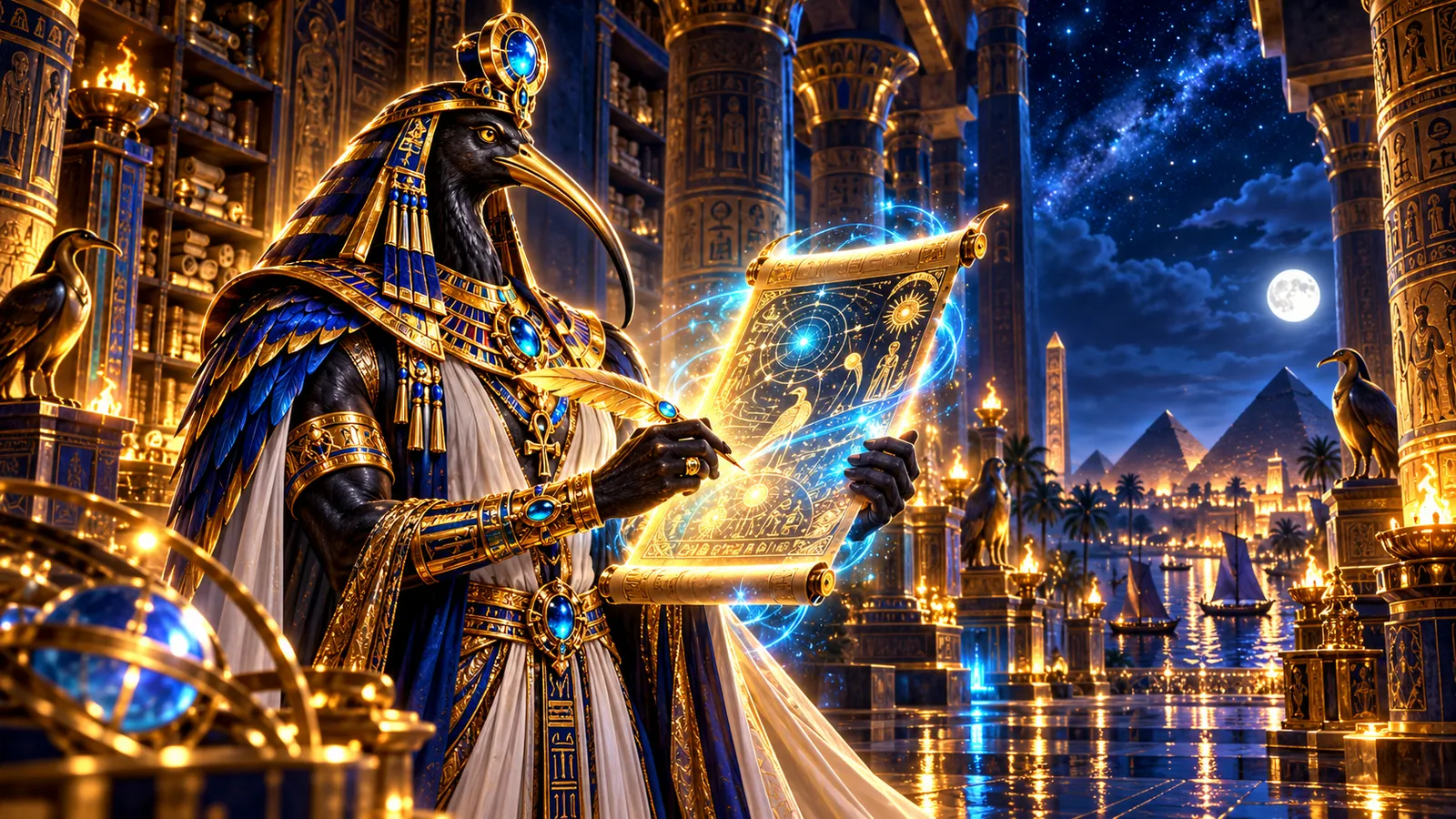 Ibis-headed Thoth reading a glowing papyrus scroll in a moonlit temple library